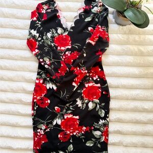 SHEIN Black and Red Floral Long Sleeve Dress